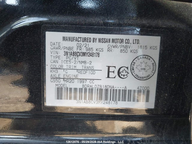 Продаж на аукціоні авто 2021 Nissan Sentra Sv, vin: 3N1AB8CV3MY248178, номер лоту: 12612076