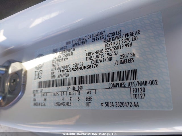Продаж на аукціоні авто 2022 Ford Escape Se Hybrid, vin: 1FMCU9BZ6NUB58176, номер лоту: 12552848
