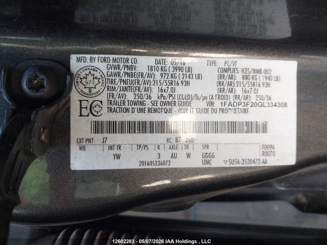 2016 Ford Focus Se მანქანა იყიდება აუქციონზე, vin: 1FADP3F20GL334308, აუქციონის ნომერი: 12602283