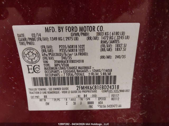 Продажа на аукционе авто 2014 Ford Flex Sel, vin: 2FMHK6C81EBD24318, номер лота: 12597282