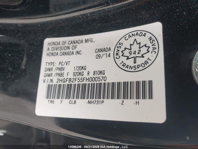 Продаж на аукціоні авто 2015 Honda Civic Ex 4dr, vin: 2HGFB2F55FH000570, номер лоту: 12596248