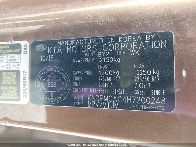 12595964 :رقم المزاد ، KNDPMCAC4H7200248 vin ، 2017 Kia Sportage Lx مزاد بيع
