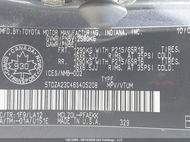 12612090 :رقم المزاد ، 5TDZA23C46S405208 vin ، 2006 Toyota Sienna Ce/le مزاد بيع