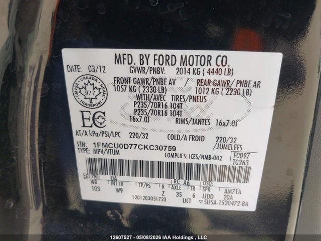Продажа на аукционе авто 2012 Ford Escape Xlt, vin: 1FMCU0D77CKC30759, номер лота: 12607527