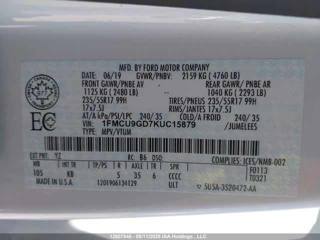 Продажа на аукционе авто 2019 Ford Escape Se, vin: 1FMCU9GD7KUC15879, номер лота: 12607840