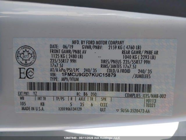 Продажа на аукционе авто 2019 Ford Escape Se, vin: 1FMCU9GD7KUC15879, номер лота: 12607840