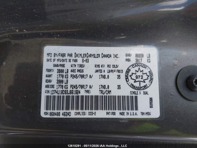 12610291 :رقم المزاد ، 1D7HU18D93J661924 vin ، 2003 Dodge Ram 1500 Slt/laramie/st مزاد بيع