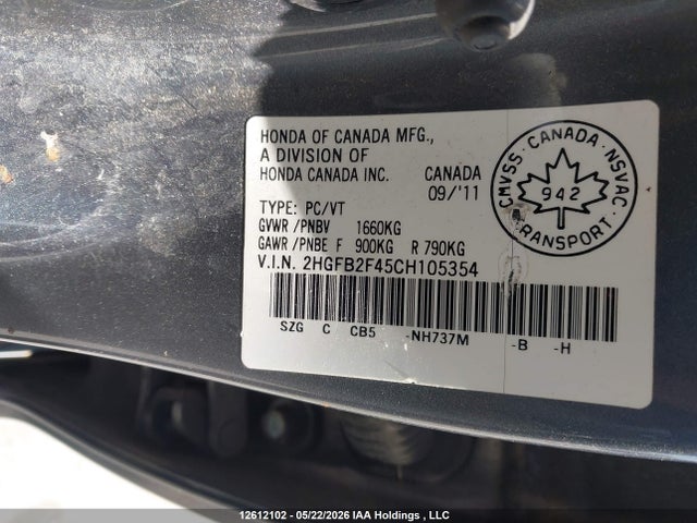 12612102 :رقم المزاد ، 2HGFB2F45CH105354 vin ، 2012 Honda Civic Lx مزاد بيع