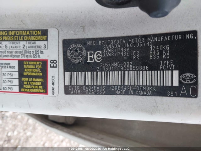 Aukcja sprzedaży 2012 Toyota Corolla Ce, vin: 2T1BU4EE9CC859896, numer aukcji: 12612106