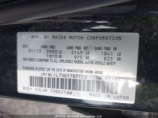 12612116 :رقم المزاد ، JM1BL1L7XD1787120 vin ، 2013 Mazda 3 I مزاد بيع