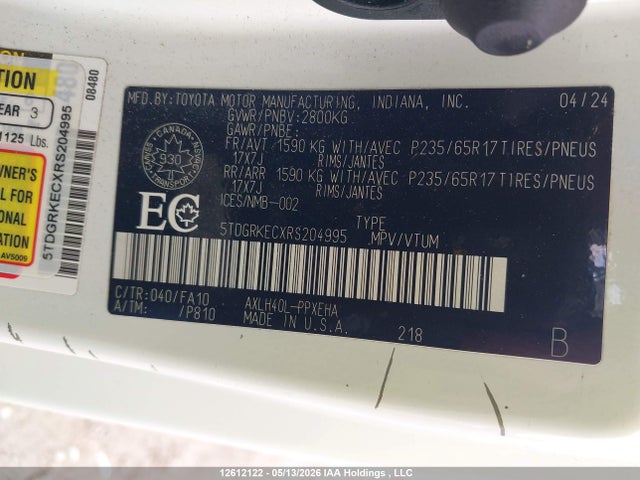 Aukcja sprzedaży 2024 Toyota Sienna Le/xle/platinum/xse/limited, vin: 5TDGRKECXRS204995, numer aukcji: 12612122