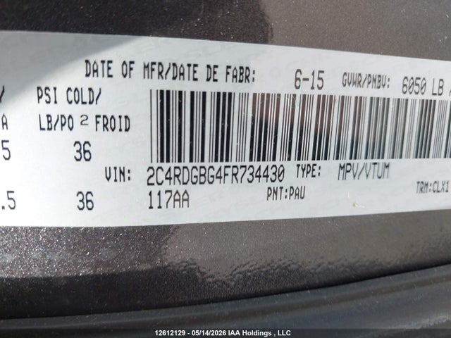 2015 Dodge Grand Caravan Se მანქანა იყიდება აუქციონზე, vin: 2C4RDGBG4FR734430, აუქციონის ნომერი: 12612129
