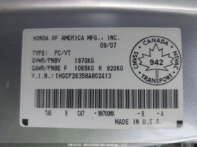 Aukcja sprzedaży 2008 Honda Accord Lx, vin: 1HGCP26358A802413, numer aukcji: 12612132