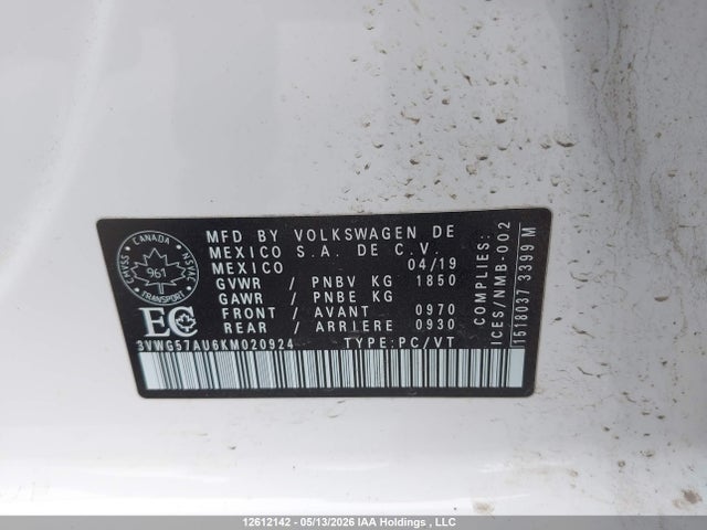 Aukcja sprzedaży 2019 Volkswagen Golf S/se, vin: 3VWG57AU6KM020924, numer aukcji: 12612142