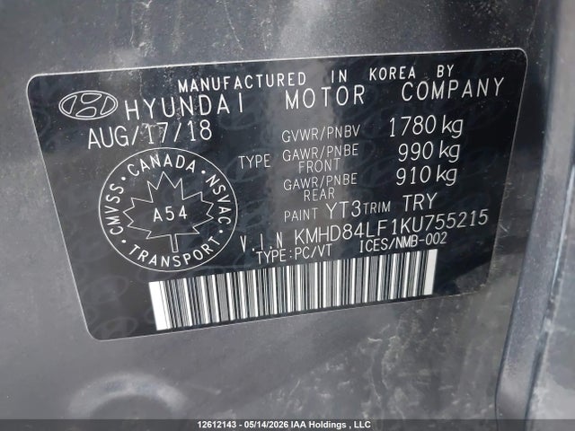 2019 Hyundai Elantra Sel/value/limited მანქანა იყიდება აუქციონზე, vin: KMHD84LF1KU755215, აუქციონის ნომერი: 12612143