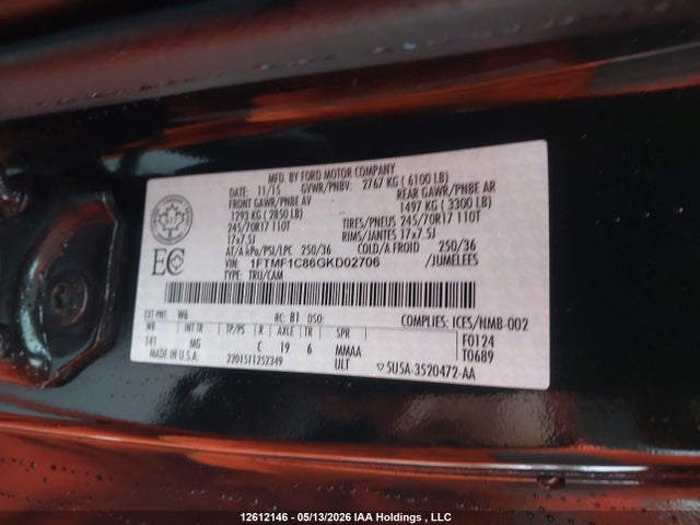12612146 :رقم المزاد ، 1FTMF1C86GKD02706 vin ، 2016 Ford F150 مزاد بيع
