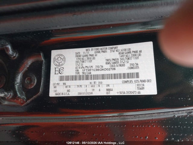 12612146 :رقم المزاد ، 1FTMF1C86GKD02706 vin ، 2016 Ford F150 مزاد بيع