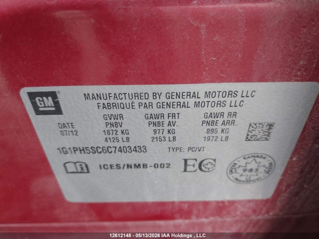 Aukcja sprzedaży 2012 Chevrolet Cruze Ltz Turbo, vin: 1G1PH5SC6C7403433, numer aukcji: 12612148