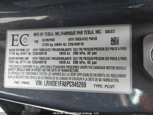 12612149 :رقم المزاد ، LRW3E1FA8PC945269 vin ، 2023 Tesla Model 3 Rwd مزاد بيع