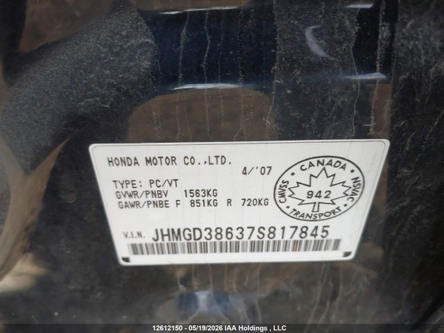 2007 Honda Fit Sport 5dr მანქანა იყიდება აუქციონზე, vin: JHMGD38637S817845, აუქციონის ნომერი: 12612150