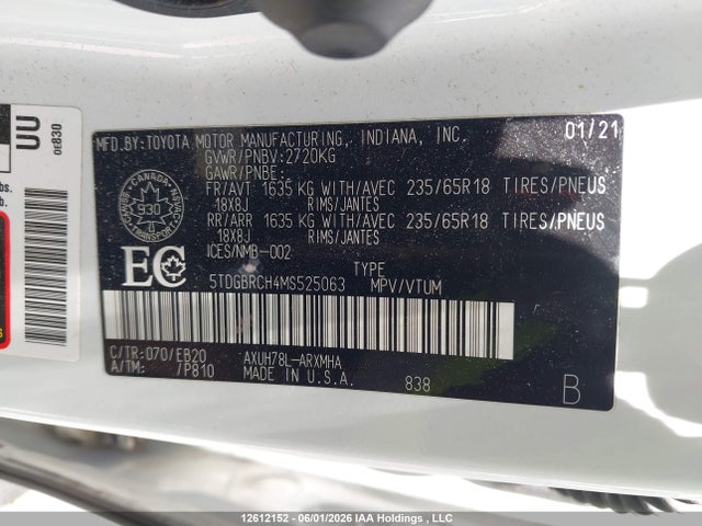 12612152 :رقم المزاد ، 5TDGBRCH4MS525063 vin ، 2021 Toyota Highlander مزاد بيع