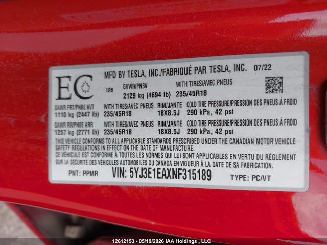 5YJ3E1EAXNF315189 Tesla MODEL 3