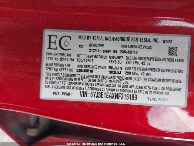5YJ3E1EAXNF315189 Tesla MODEL 3