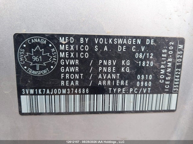 Aukcja sprzedaży 2013 Volkswagen Jetta S, vin: 3VW1K7AJ0DM374686, numer aukcji: 12612157
