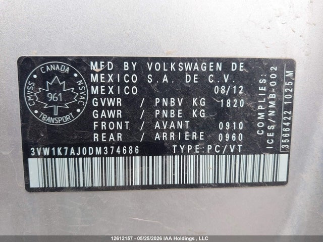 Aukcja sprzedaży 2013 Volkswagen Jetta S, vin: 3VW1K7AJ0DM374686, numer aukcji: 12612157