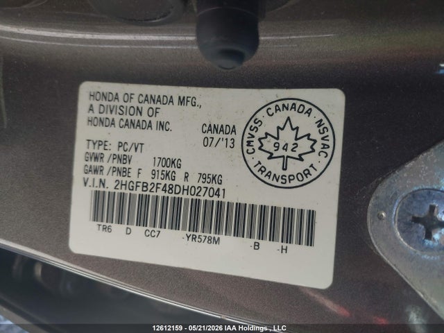 12612159 :رقم المزاد ، 2HGFB2F48DH027041 vin ، 2013 Honda Civic Lx مزاد بيع