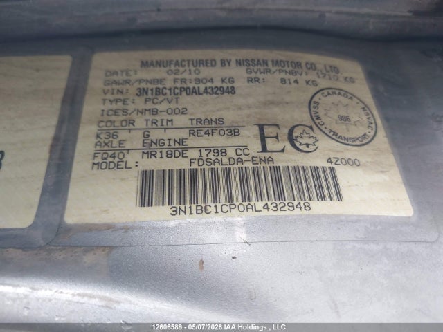 2010 Nissan Versa 1.8s მანქანა იყიდება აუქციონზე, vin: 3N1BC1CP0AL432948, აუქციონის ნომერი: 12606589