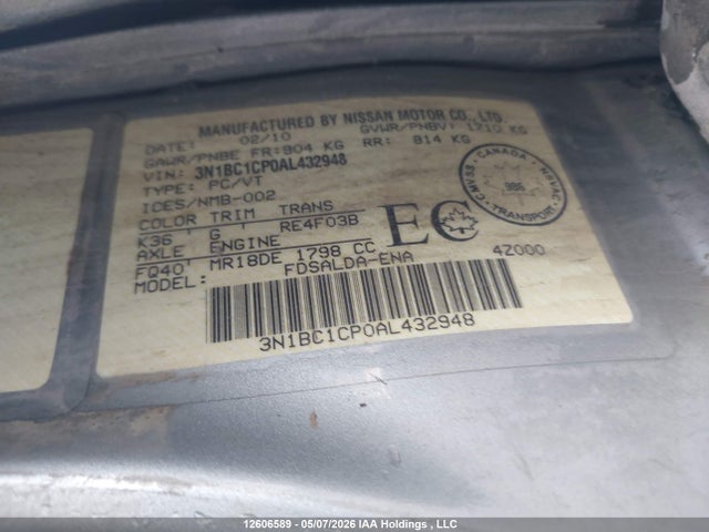 2010 Nissan Versa 1.8s მანქანა იყიდება აუქციონზე, vin: 3N1BC1CP0AL432948, აუქციონის ნომერი: 12606589