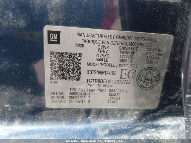 Aukcja sprzedaży 2020 Gmc Sierra 1500 Sle, vin: 1GTR9BED8LZ272722, numer aukcji: 12612161