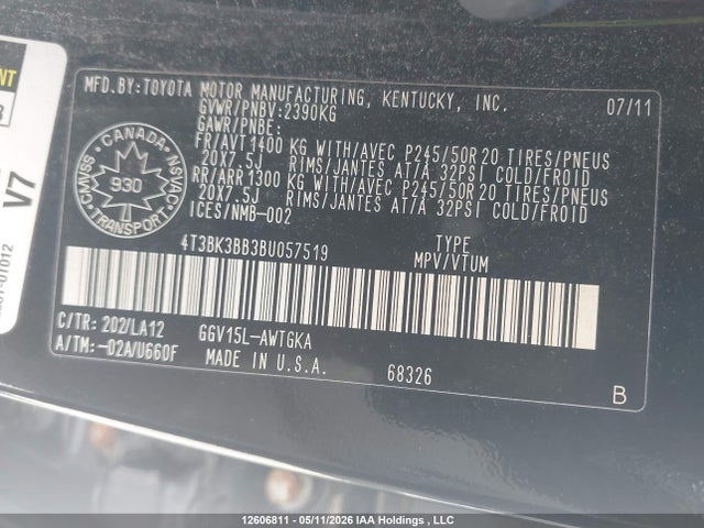 2011 Toyota Venza Base V6 მანქანა იყიდება აუქციონზე, vin: 4T3BK3BB3BU057519, აუქციონის ნომერი: 12606811