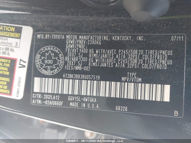 2011 Toyota Venza Base V6 მანქანა იყიდება აუქციონზე, vin: 4T3BK3BB3BU057519, აუქციონის ნომერი: 12606811