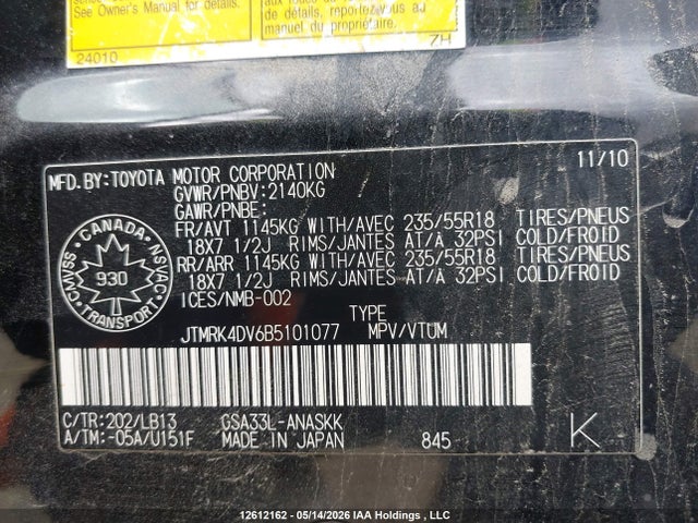 Aukcja sprzedaży 2011 Toyota Rav4 Sport V6, vin: JTMRK4DV6B5101077, numer aukcji: 12612162