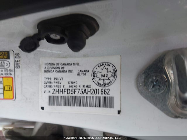 2010 Acura Csx I-tech მანქანა იყიდება აუქციონზე, vin: 2HHFD5F75AH201662, აუქციონის ნომერი: 12608061