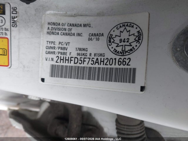 2010 Acura Csx I-tech მანქანა იყიდება აუქციონზე, vin: 2HHFD5F75AH201662, აუქციონის ნომერი: 12608061