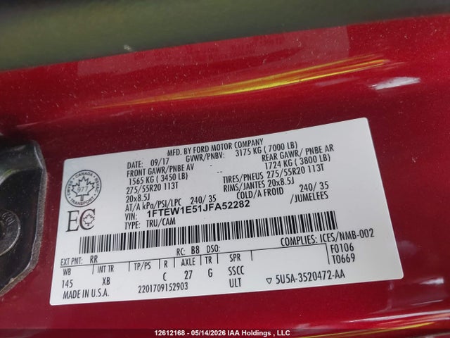 Продажа на аукционе авто 2018 Ford F-150 Xlt, vin: 1FTEW1E51JFA52282, номер лота: 12612168