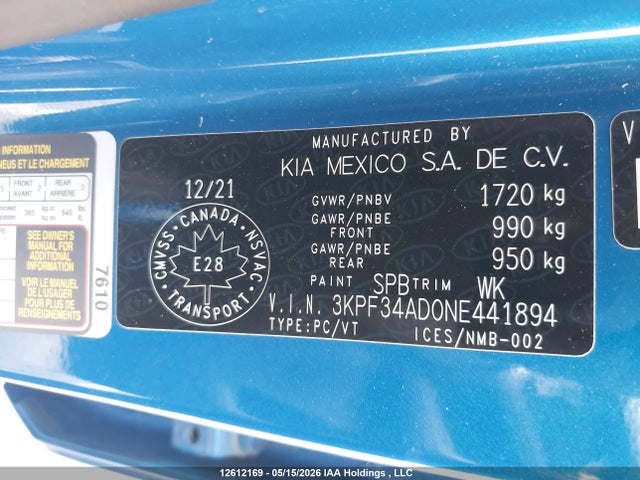 12612169 :رقم المزاد ، 3KPF34AD0NE441894 vin ، 2022 Kia Forte مزاد بيع