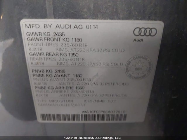 2014 Audi Q5 მანქანა იყიდება აუქციონზე, vin: WA1CFCFP8EA077910, აუქციონის ნომერი: 12612170