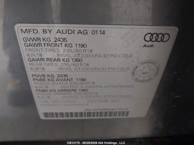 2014 Audi Q5 მანქანა იყიდება აუქციონზე, vin: WA1CFCFP8EA077910, აუქციონის ნომერი: 12612170