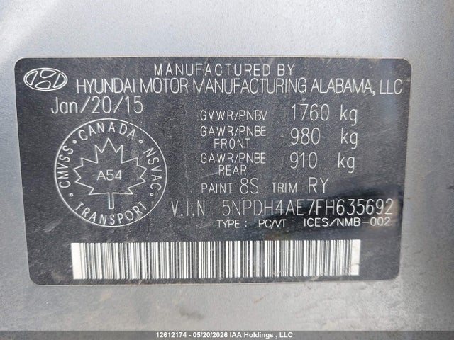 Aukcja sprzedaży 2015 Hyundai Elantra Gl, vin: 5NPDH4AE7FH635692, numer aukcji: 12612174