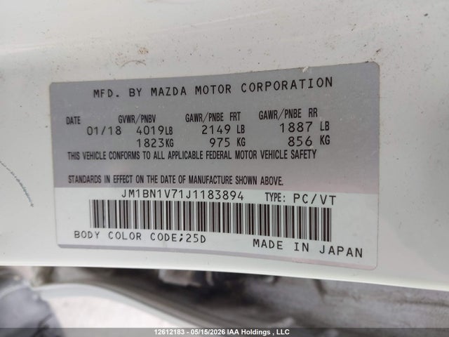 Продаж на аукціоні авто 2018 Mazda Mazda3 50th Anniversary Edition/gs/se, vin: JM1BN1V71J1183894, номер лоту: 12612183