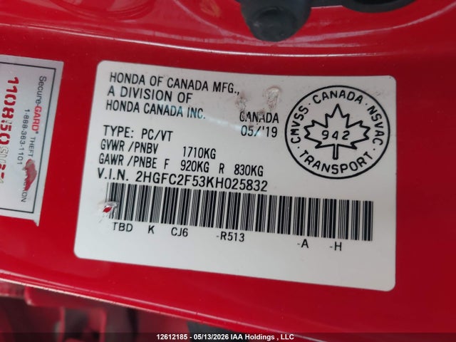 Honda Civic Lx 2019 2HGFC2F53KH025832 Image 9