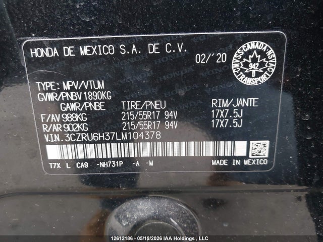 2020 Honda Hr-v Lx მანქანა იყიდება აუქციონზე, vin: 3CZRU6H37LM104378, აუქციონის ნომერი: 12612186