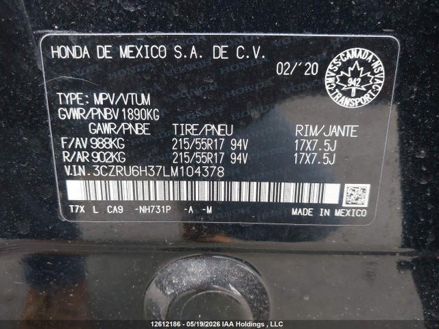 2020 Honda Hr-v Lx მანქანა იყიდება აუქციონზე, vin: 3CZRU6H37LM104378, აუქციონის ნომერი: 12612186