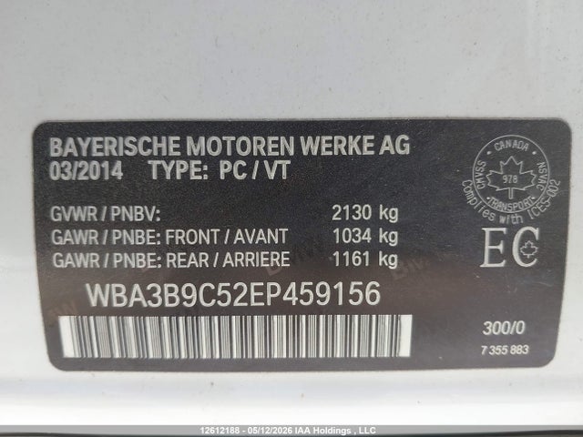 12612188 :رقم المزاد ، WBA3B9C52EP459156 vin ، 2014 Bmw 335i Xdrive مزاد بيع