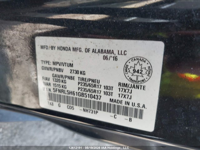 Продаж на аукціоні авто 2016 Honda Odyssey Ex-l, vin: 5FNRL5H61GB510437, номер лоту: 12612191