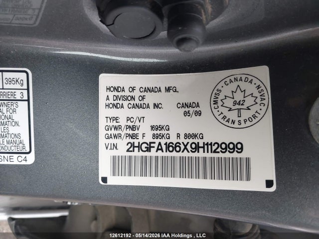 Продаж на аукціоні авто 2009 Honda Civic Sport, vin: 2HGFA166X9H112999, номер лоту: 12612192